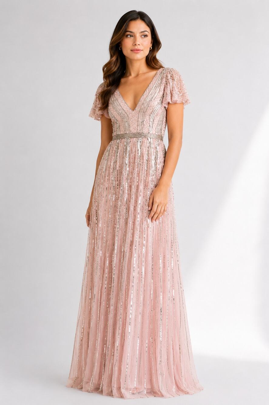 Mac Duggal Embellished Sequin V-Neck Short Sleeve Evening Gown Rose Pink 12 NWT